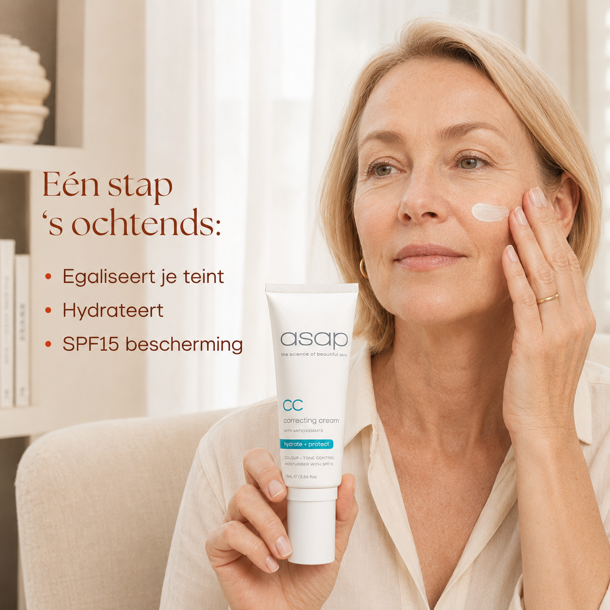 ASAP CC Correcting Cream SPF15 is een getinte CC cream voor een huid met roodheid, vlekjes of een grauwe teint.
