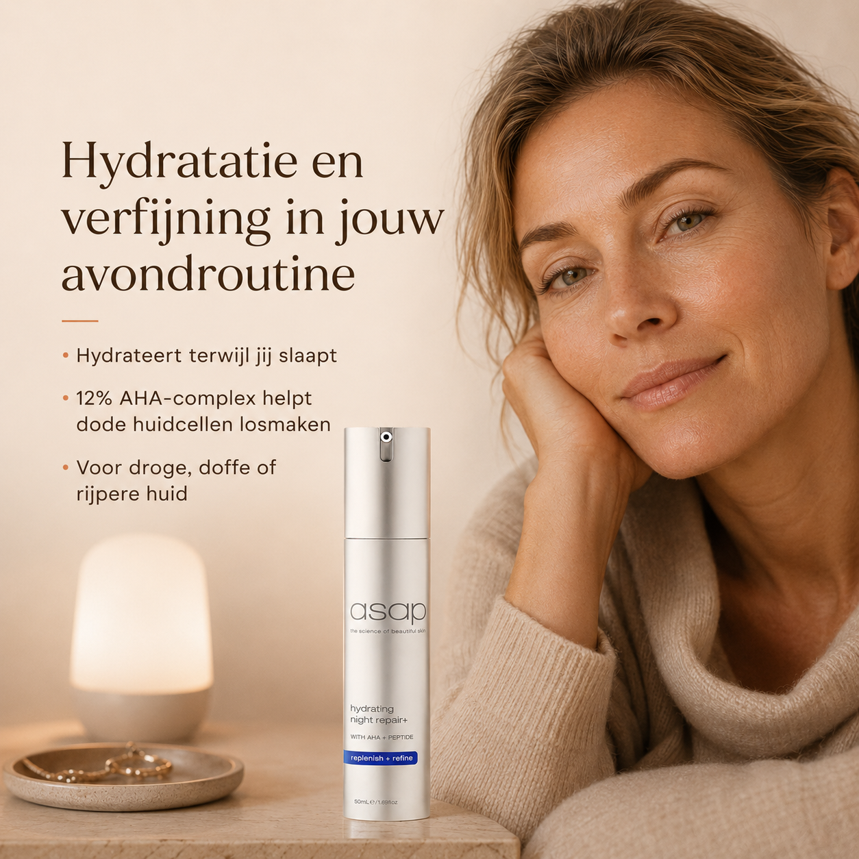 ASAP Hydrating Night Repair+ is een nachtcrème voor een droge, doffe of rijpere huid die ’s ochtends frisser en gladder mag ogen.