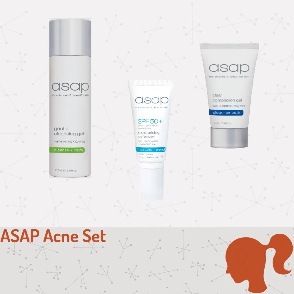 ASAP Perfecte Acne Set 3-delig met Gentle Cleansing Gel, Clear Complexion Gel en Moisturising Defence+ SPF50+ 50ml