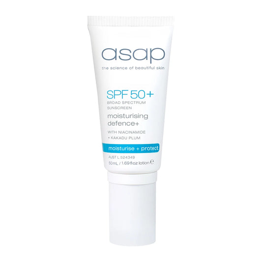 ASAP Moisturising Defence+ SPF50+ 50ml tube, breedspectrum zonbescherming met niacinamide en Kakadu plum