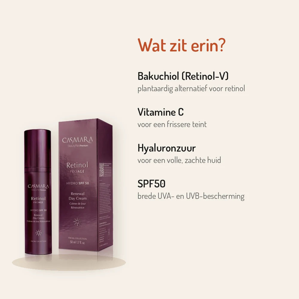 Ingrédients Casmara Retinol ProAge Renewal Day Cream SPF50 50ml : bakuchiol, vitamine C, acide hyaluronique, SPF50