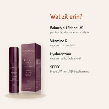 Ingrédients Casmara Retinol ProAge Renewal Day Cream SPF50 50ml : bakuchiol, vitamine C, acide hyaluronique, SPF50