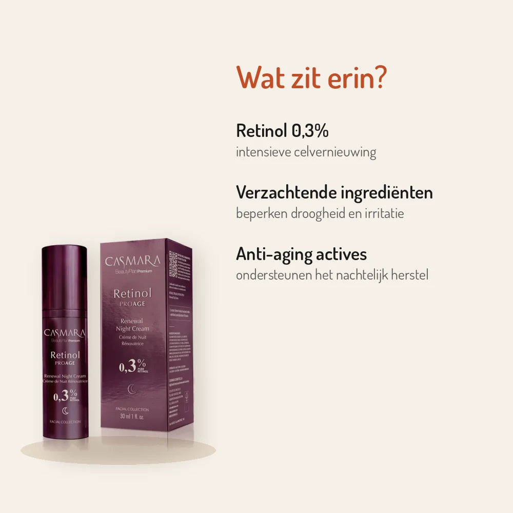 Ingrédients Casmara Retinol ProAge Renewal Night Cream 0,3% : rétinol 0,3 %, ingrédients adoucissants