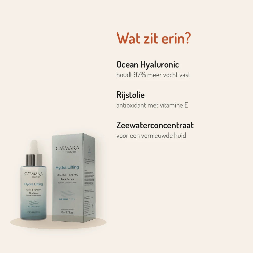 Ingrediënten Casmara Marina Plasma Rich Serum 50ml: Ocean Hyaluronic, rijstolie, zeewater