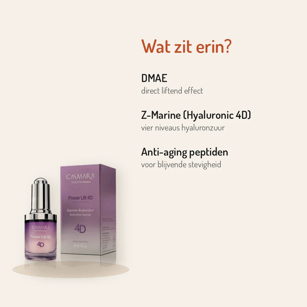 Ingrediënten Casmara Super Concentrate Power Lift 4D 30ml: DMAE, Hyaluronic 4D, peptiden
