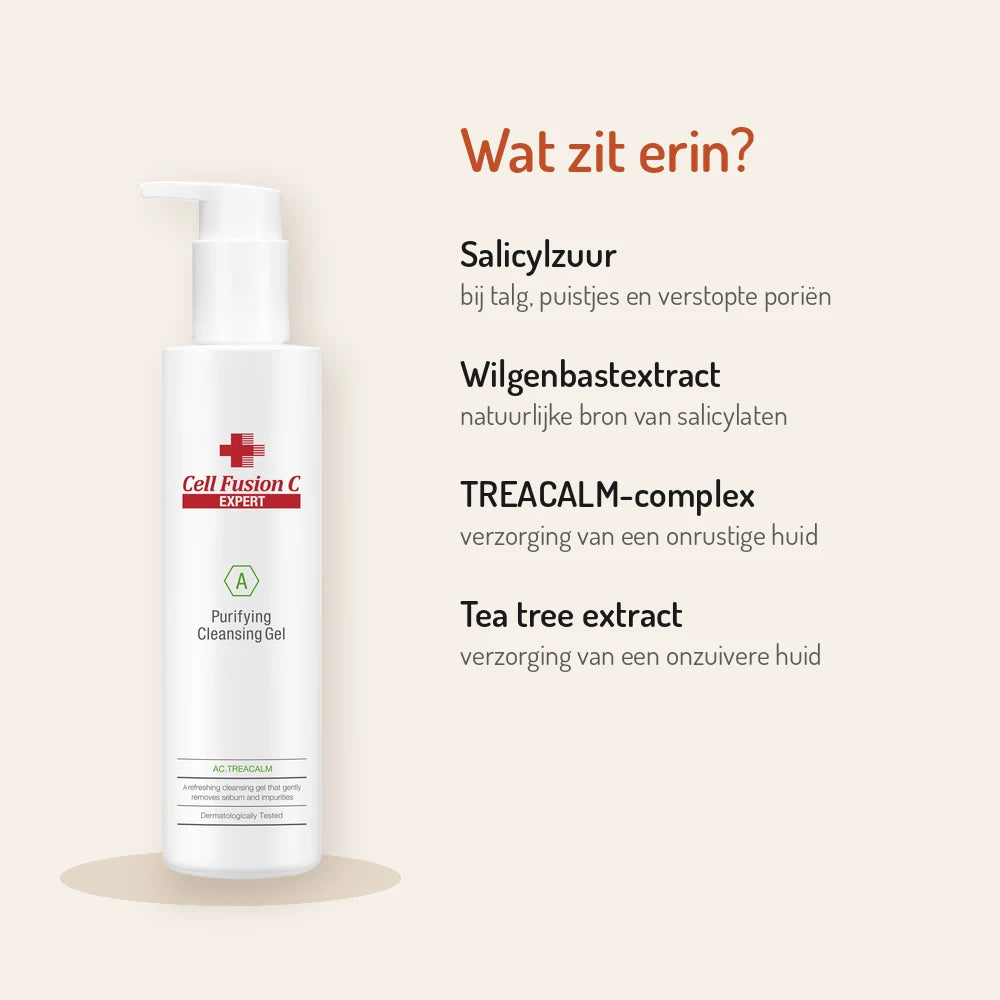 Ingrédients Cell Fusion C Purifying Cleansing Gel 200ml : acide salicylique, extrait d'écorce de saule, complexe TREACALM, extrait d'arbre à thé
