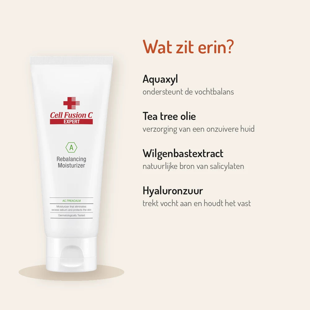 Ingrediënten Cell Fusion C Rebalancing Moisturizer 100ml: Aquaxyl, tea tree olie, wilgenbastextract, hyaluronzuur
