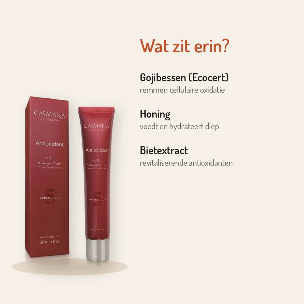 Ingrédients Casmara Crème Antioxydante Nutri Équilibrante 50ml : baies de goji, miel, extrait de betterave