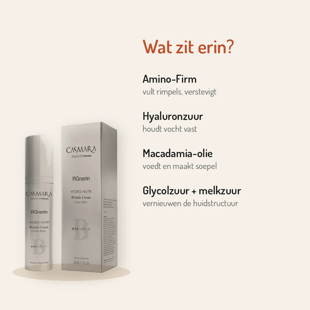 Ingredients Casmara Rgnerin Hydro-Nutri Wrinkle Cream 50ml: Amino-Firm, hyaluronic acid, macadamia oil, AHA