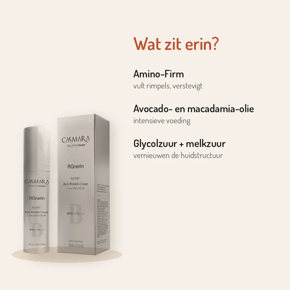 Ingrédients Casmara Rgnerin Nutri+ Crème Riche Anti-Rides 50ml : Amino-Firm, huile d'avocat, huile de macadamia, AHA