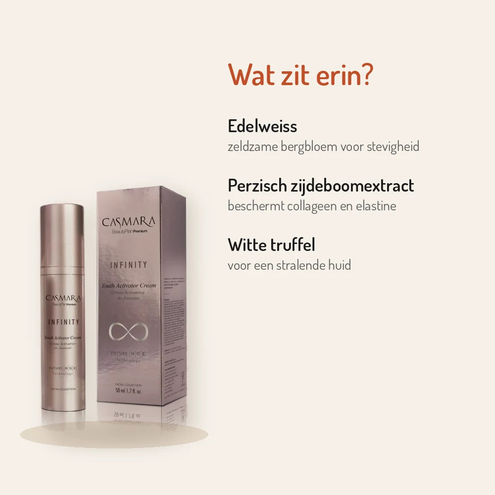 Ingrédients Casmara Infinity Youth Activator Cream 50ml : edelweiss, extrait d'arbre à soie, truffe blanche