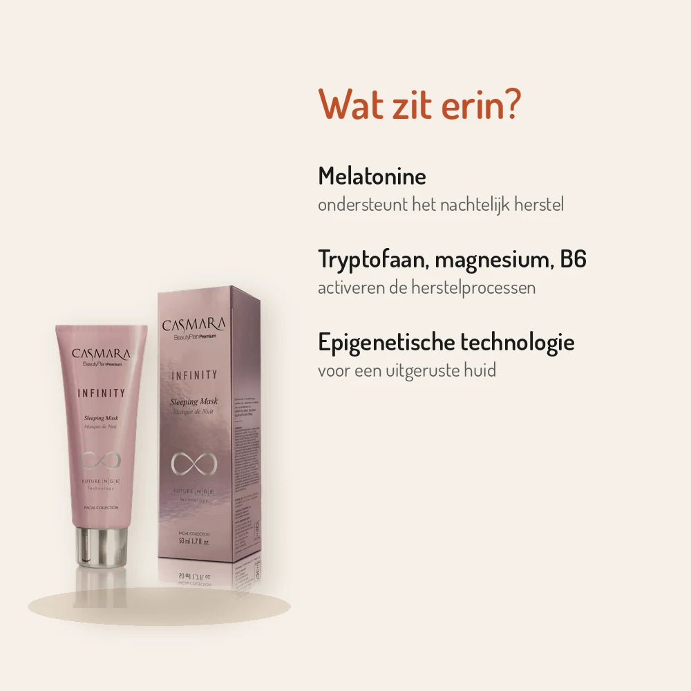 Ingrédients Casmara Infinity Recovery Sleeping Mask 50 ml : mélatonine, tryptophane, magnésium, vitamine B6