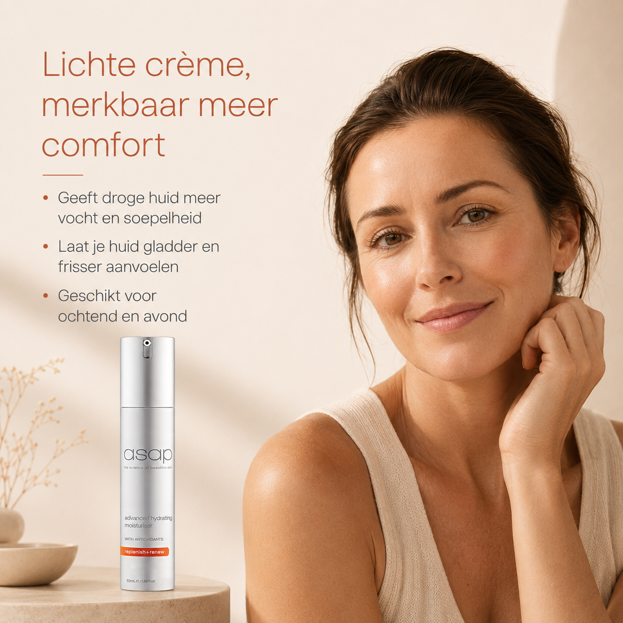 ASAP Advanced Hydrating Moisturiser is een hydraterende crème voor een droge, doffe of rijpere huid die meer soepelheid nodig heeft.