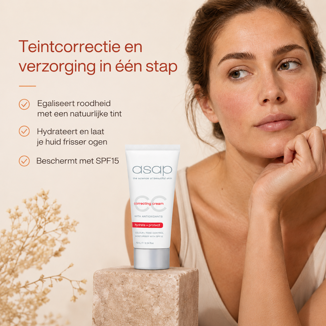 ASAP CC Correcting Cream SPF15 is een getinte CC cream voor een huid met roodheid, vlekjes of een grauwe teint.