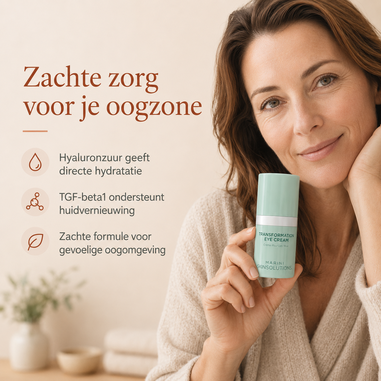 De Jan Marini Transformation Eye Cream is een zachte oogcrème met groeifactoren speciaal voor de delicate oogomgeving — voor een huid die intensieve hydratatie en herstelondersteuning nodig heeft zonder irritatie.
