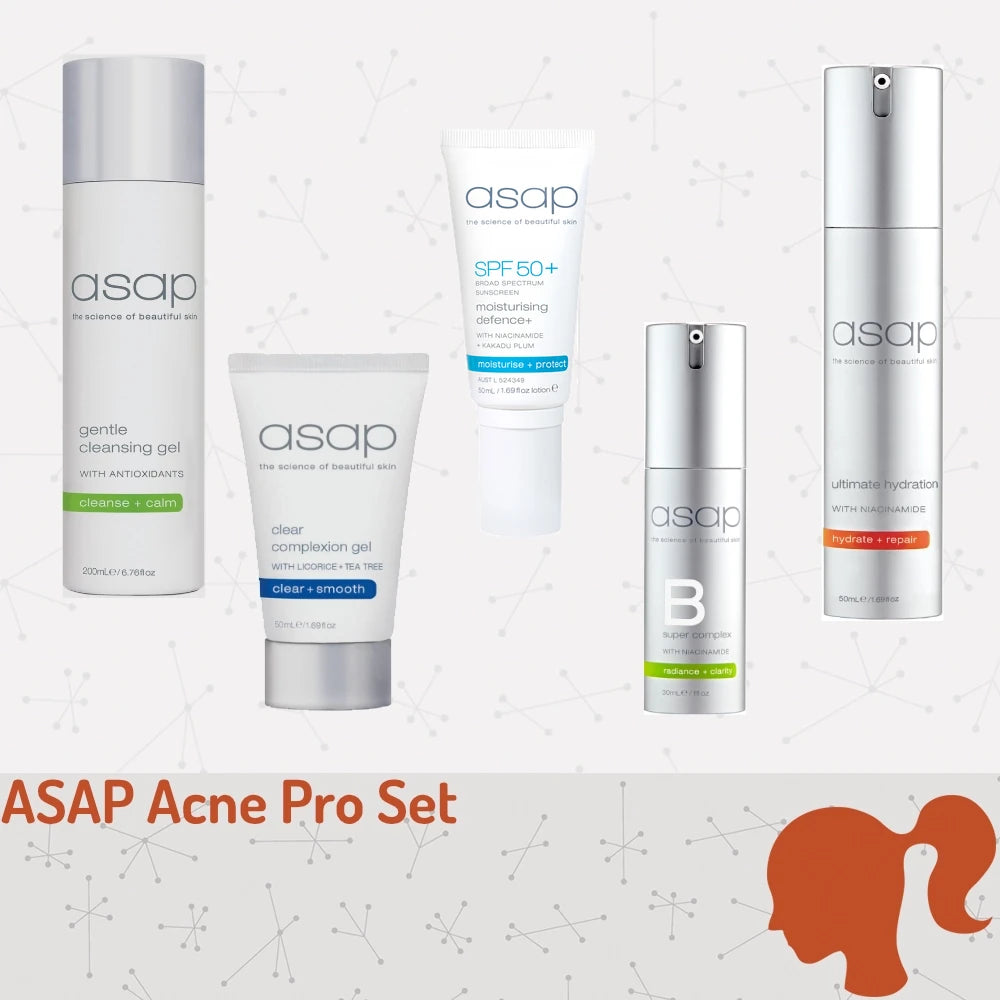 ASAP Perfecte Acne Pro Set 5-delig met Gentle Cleansing Gel, Clear Complexion Gel, Moisturising Defence+ SPF50+ 50ml, Super B Complex en Ultimate Hydration