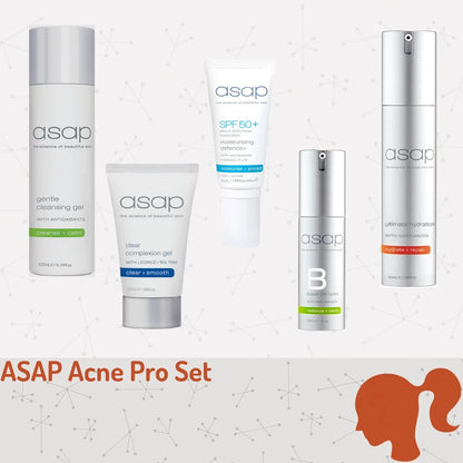 ASAP Perfecte Acne Pro Set 5-delig met Gentle Cleansing Gel, Clear Complexion Gel, Moisturising Defence+ SPF50+ 50ml, Super B Complex en Ultimate Hydration