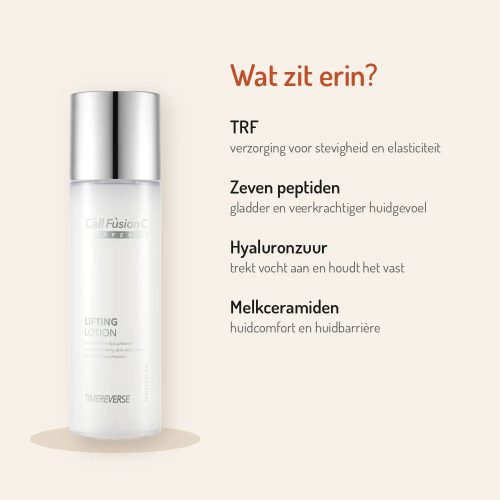Ingrediënten Cell Fusion C Lifting Lotion 150ml: TRF, zeven peptiden, hyaluronzuur, melkceramiden