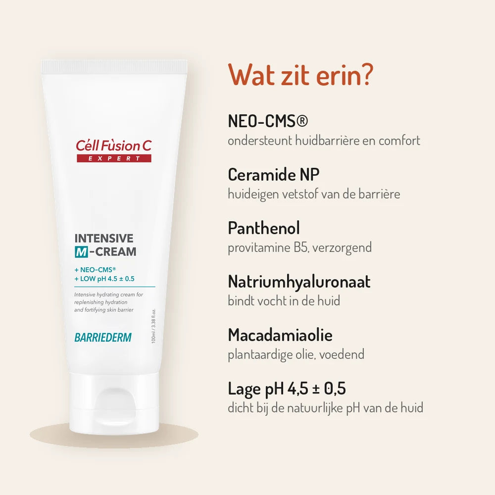 Ingrediënten Cell Fusion C Intensive M-Cream: NEO-CMS, ceramide NP, panthenol, natriumhyaluronaat, macadamiaolie, pH 4,5