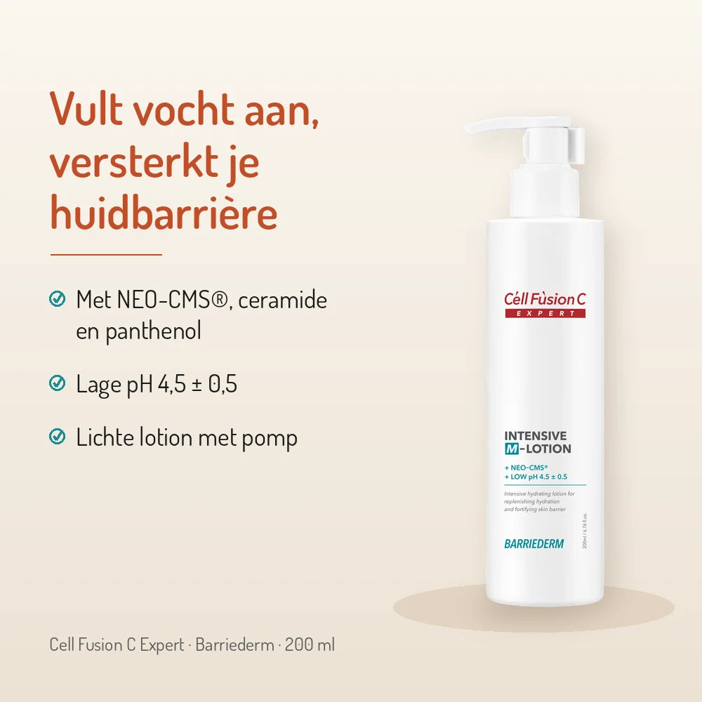 Cell Fusion C Intensive M-Lotion vult vocht aan en versterkt de huidbarrière, met NEO-CMS, ceramide en panthenol