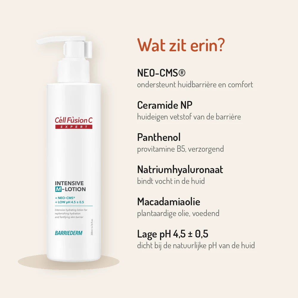 Ingrediënten Cell Fusion C Intensive M-Lotion: NEO-CMS, ceramide NP, panthenol, natriumhyaluronaat, macadamiaolie, pH 4,5