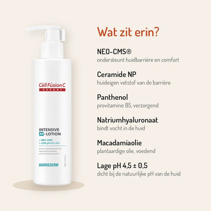 Ingrediënten Cell Fusion C Intensive M-Lotion: NEO-CMS, ceramide NP, panthenol, natriumhyaluronaat, macadamiaolie, pH 4,5